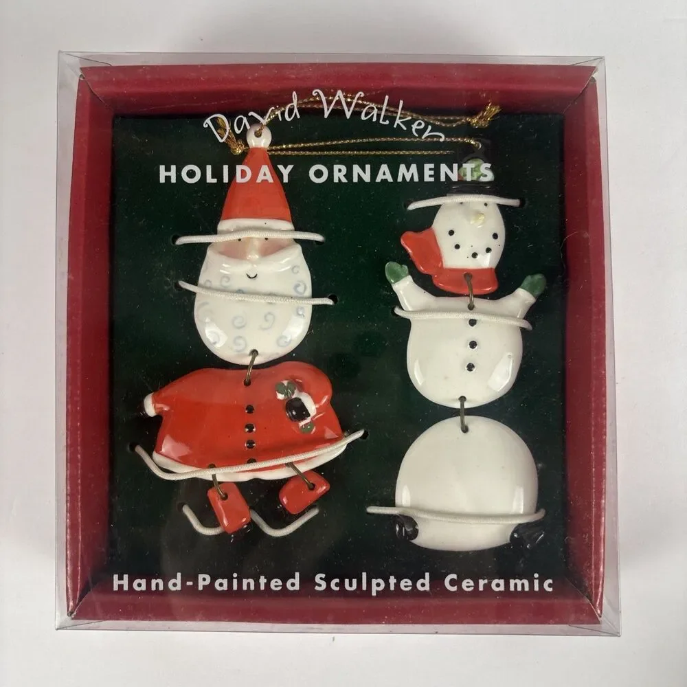 David Walker Holiday Christmas Dangler Ornaments Hand Painted Snowman Santa